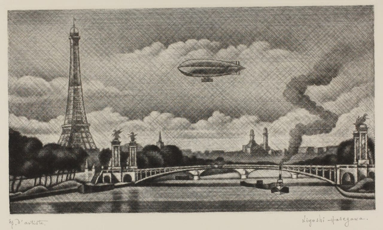 アレクサンドル三世橋とフランスの飛行船　1930年、メゾチント、137×307㎜